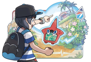 Artwork of a trainer using the QR scanner to track pokémon on his Rotomdex.